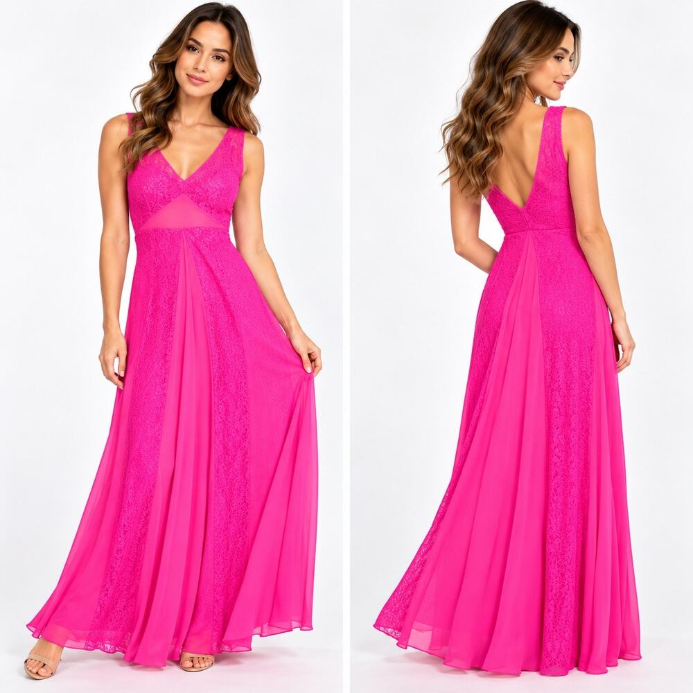 ASOS Womens Size 2 Hot Pink Lace Chiffon Maxi Dress Sleeveless V Neck Formal